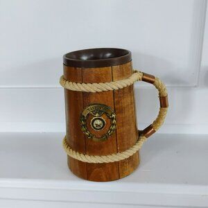 Vintage Tufts University Wooden Beer Mug Stein with Brass Accent & Rope Handle